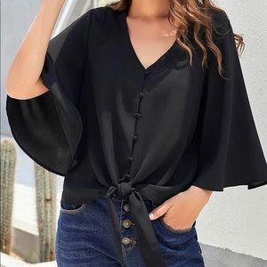 luvamia - Black Casual V Neck 3/4 Sleeve Tie Knot Blouse